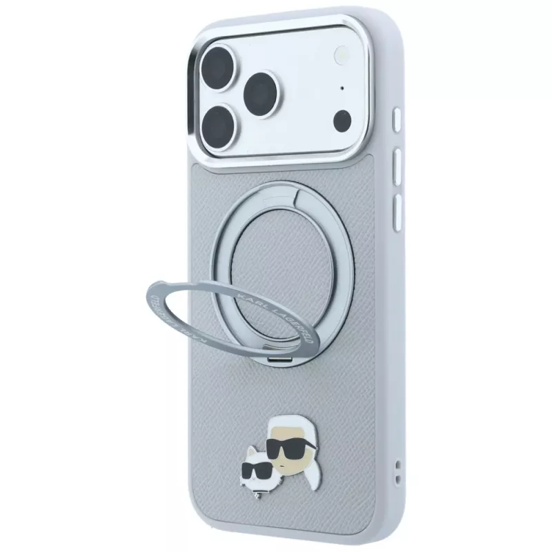 Etui Karl Lagerfeld KF003229 z pierścieniem-podstawką 360 Karl & Choupette Heads Pin MagSafe do iPhone 18 Pro / 17 Pro, szare