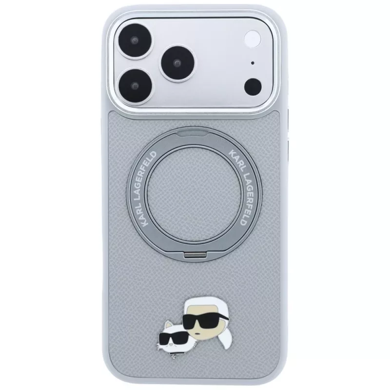 Etui Karl Lagerfeld KF003229 z pierścieniem-podstawką 360 Karl & Choupette Heads Pin MagSafe do iPhone 18 Pro / 17 Pro, szare