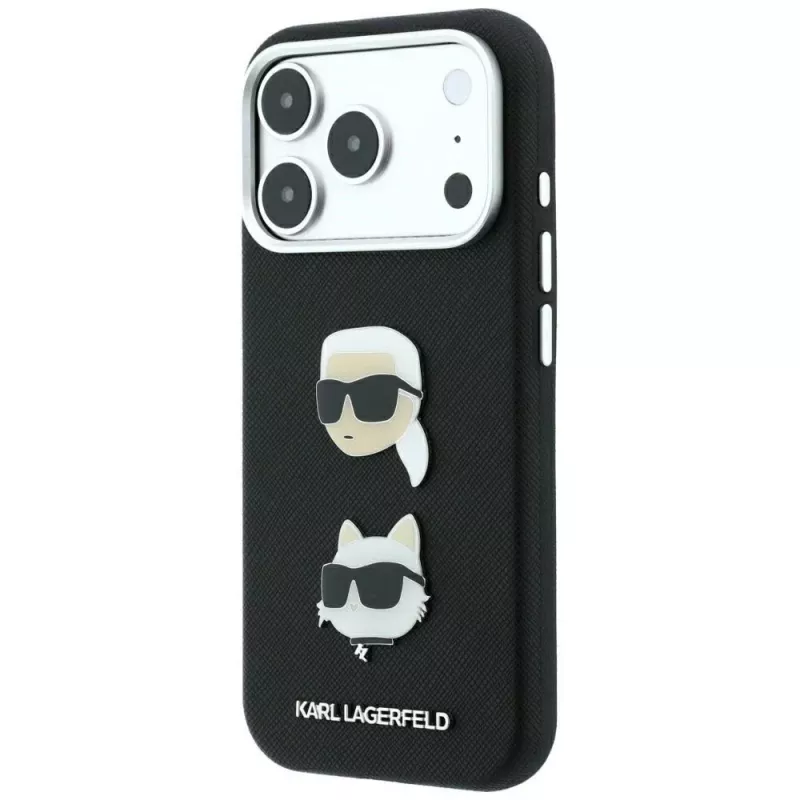 Etui Karl Lagerfeld KF003249 Saffiano with Karl & Choupette Heads Pins & Logo do iPhone 18 Pro / 17 Pro, czarne