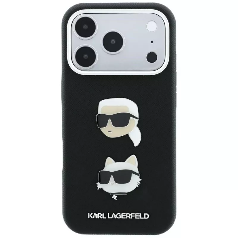 Etui Karl Lagerfeld KF003249 Saffiano with Karl & Choupette Heads Pins & Logo do iPhone 18 Pro / 17 Pro, czarne