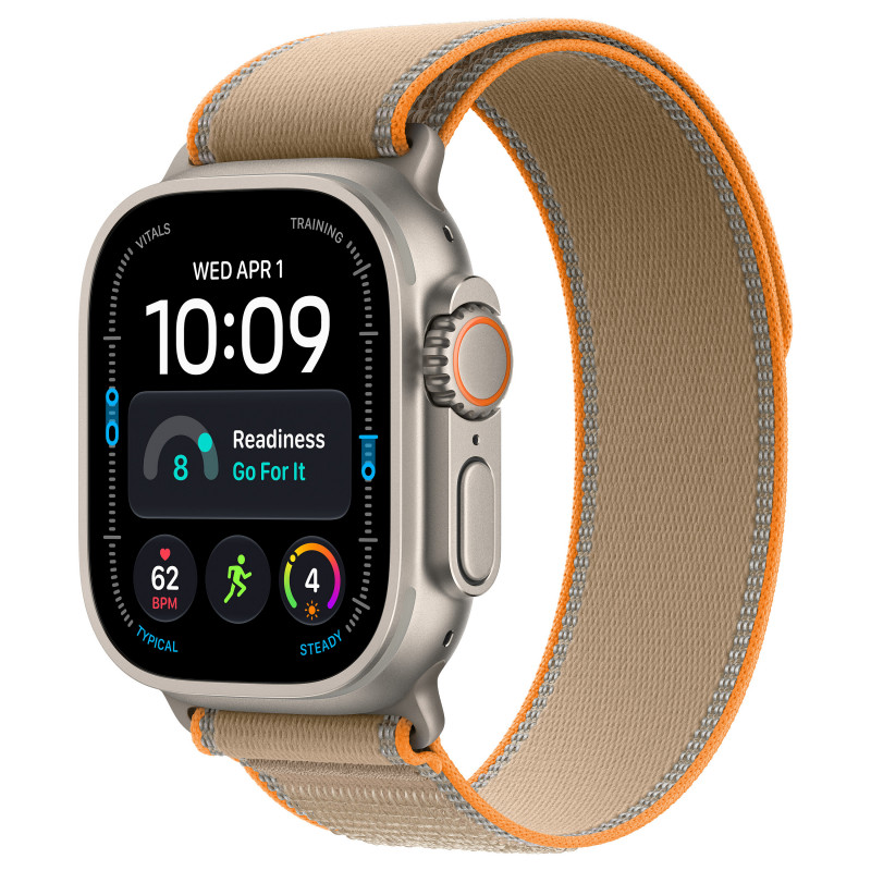 Apple Watch Ultra 4 GPS + Cellular 49 mm smartwatch, koperta tytanowa w kolorze naturalnym, pasek Trail Loop w kolorze piaskowym, S/M, MJAJ4QF/A