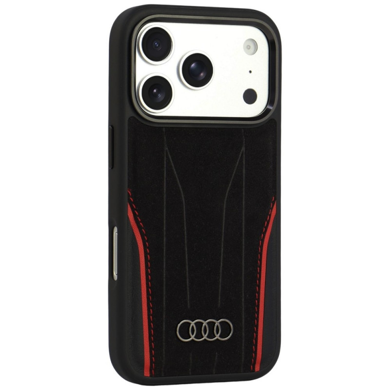Etui Audi R8 Genuine Leather MagSafe ze skóry naturalnej do iPhone 18 Pro / 17 Pro, czarno-czerwone (AUDI000239)