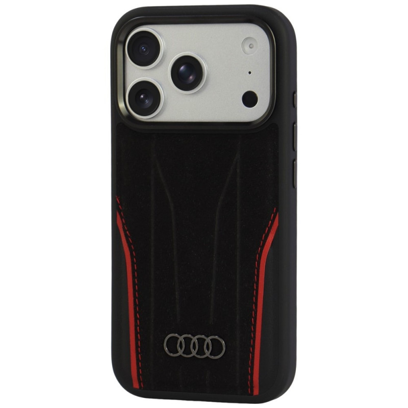 Etui Audi R8 Genuine Leather MagSafe ze skóry naturalnej do iPhone 18 Pro / 17 Pro, czarno-czerwone (AUDI000239)
