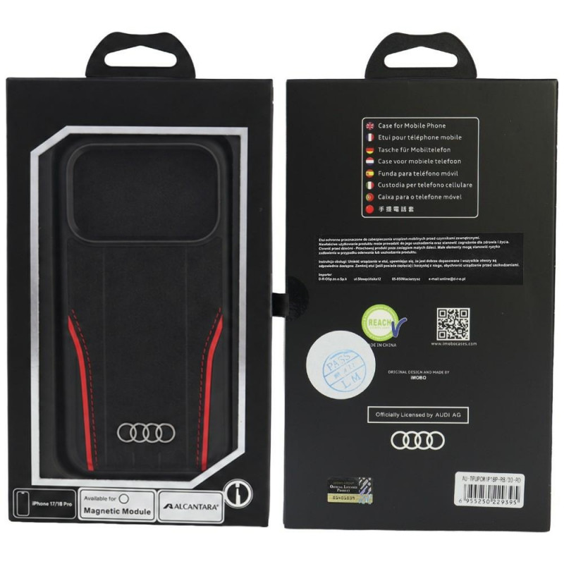 Etui Audi R8 Genuine Leather MagSafe ze skóry naturalnej do iPhone 18 Pro / 17 Pro, czarno-czerwone (AUDI000239)