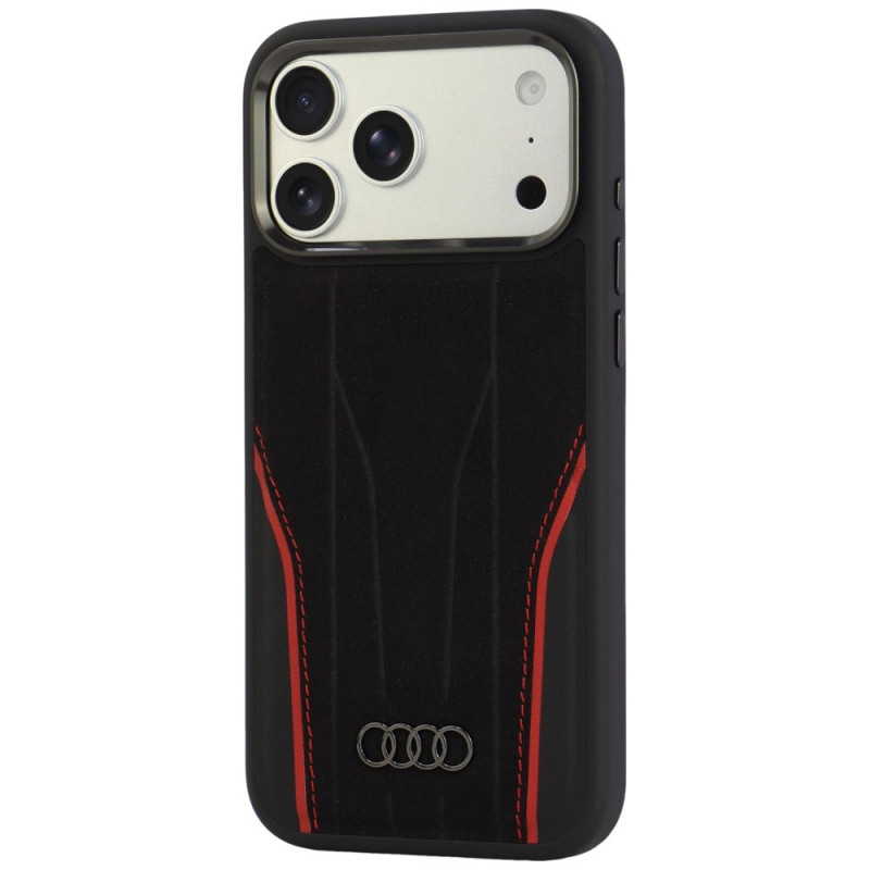 Etui Audi R8 Genuine Leather MagSafe ze skóry naturalnej do iPhone 18 Pro Max / 17 Pro Max, czarno-czerwone (AUDI000240)