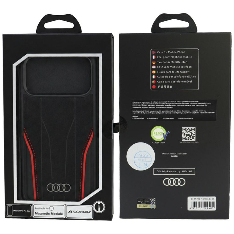 Etui Audi R8 Genuine Leather MagSafe ze skóry naturalnej do iPhone 18 Pro Max / 17 Pro Max, czarno-czerwone (AUDI000240)