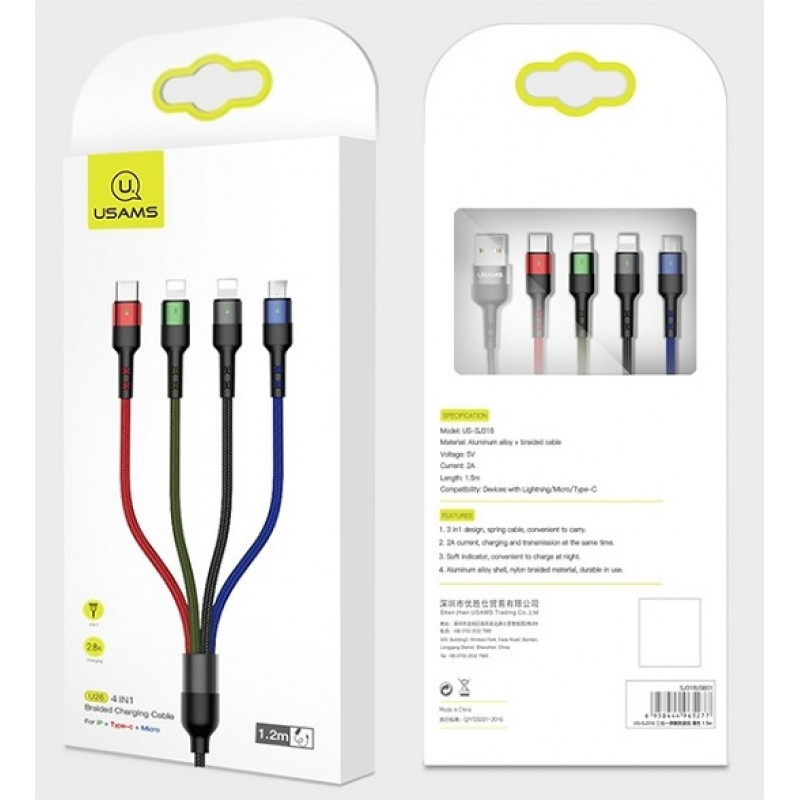 USAMS U26 SJ413USB01 (US-SJ413) kabel pleciony 4w1, 3 m, 2 A (2x Lightning/microUSB/USB-C)