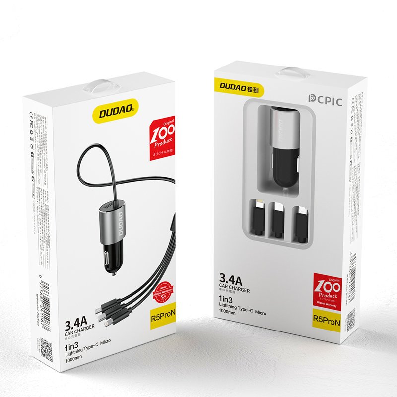 Ładowarka samochodowa Dudao R5ProN z wbudowanym kablem 3w1 (Lightning / USB-C / micro USB), 3,4 A, 1 m, czarna