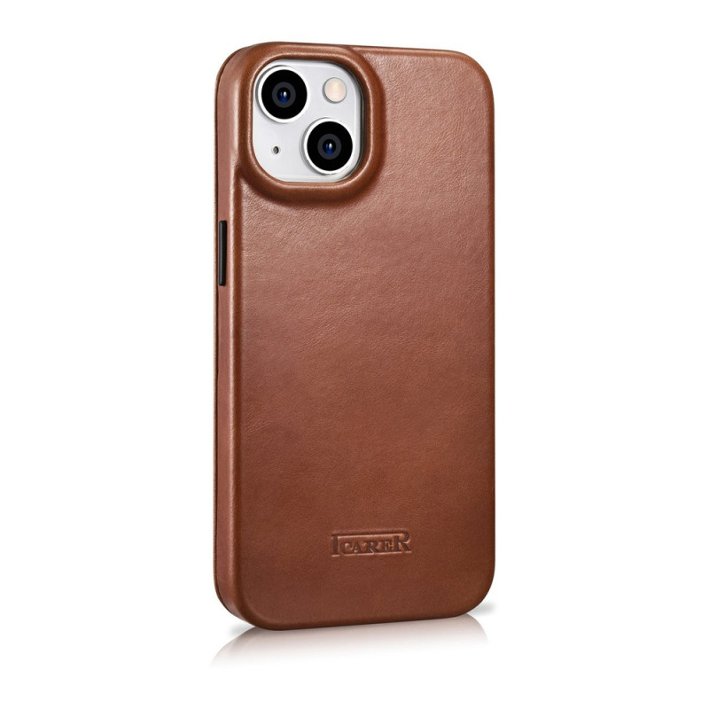 iCarer CE Oil Wax Premium Leather Folio Case skórzane etui z magnetyczną klapką do iPhone 14 Plus, MagSafe, brązowe (AKI14220707-BN)