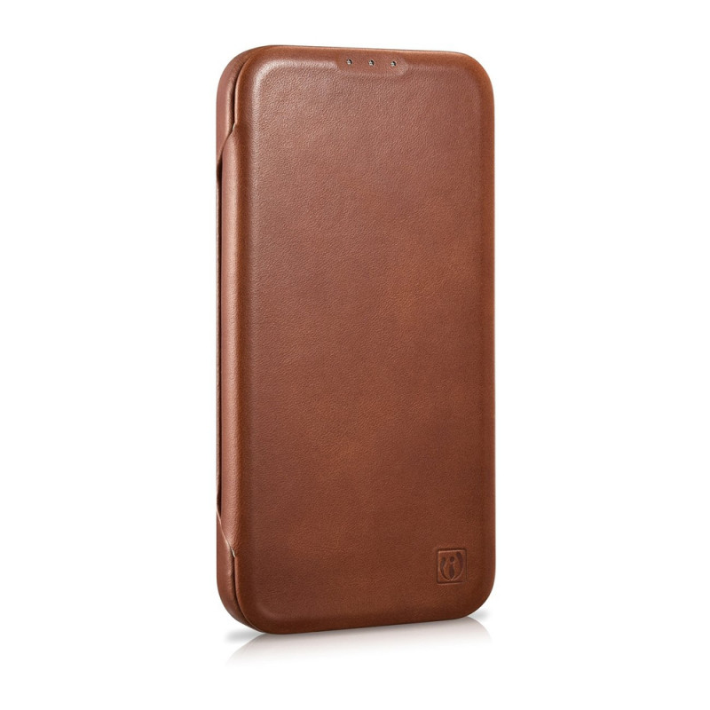 iCarer CE Oil Wax Premium Leather Folio Case skórzane etui z magnetyczną klapką do iPhone 14 Plus, MagSafe, brązowe (AKI14220707-BN)