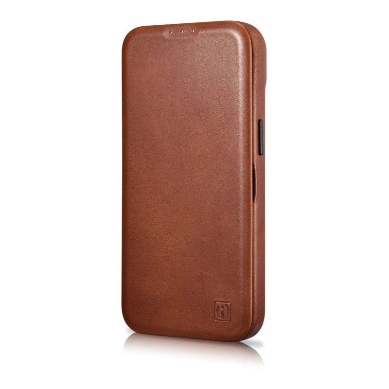 iCarer CE Oil Wax Premium Leather Folio Case skórzane etui z magnetyczną klapką do iPhone 14 Plus, MagSafe, brązowe (AKI14220707-BN)