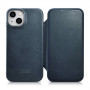 iCarer CE Oil Wax Premium Leather Folio Case skórzane etui z magnetyczną klapką do iPhone 14 Plus, MagSafe, niebieskie (AKI14220707-BU)