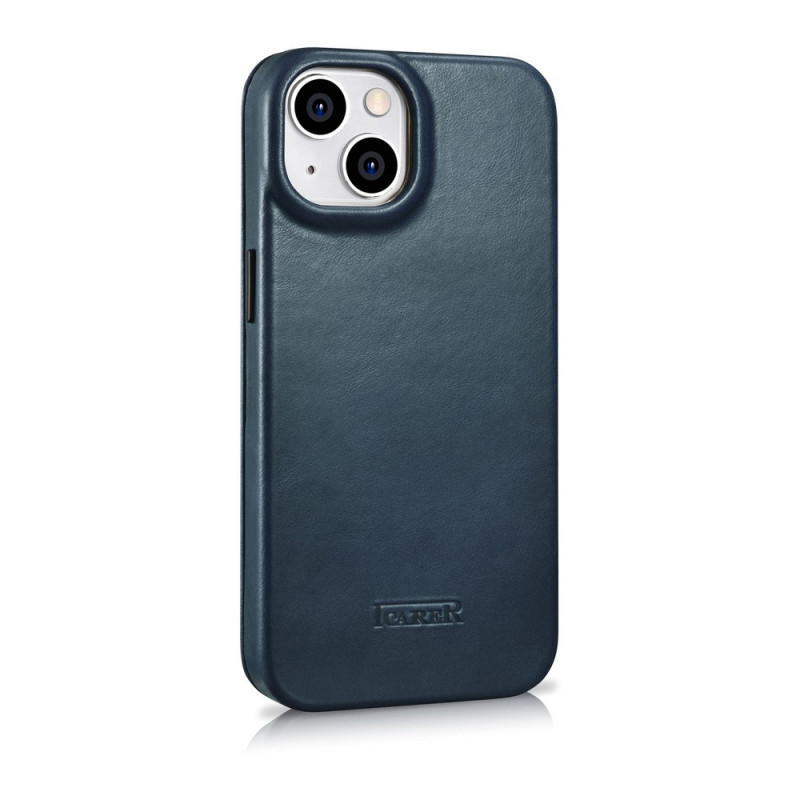 iCarer CE Oil Wax Premium Leather Folio Case skórzane etui z magnetyczną klapką do iPhone 14 Plus, MagSafe, niebieskie (AKI14220707-BU)