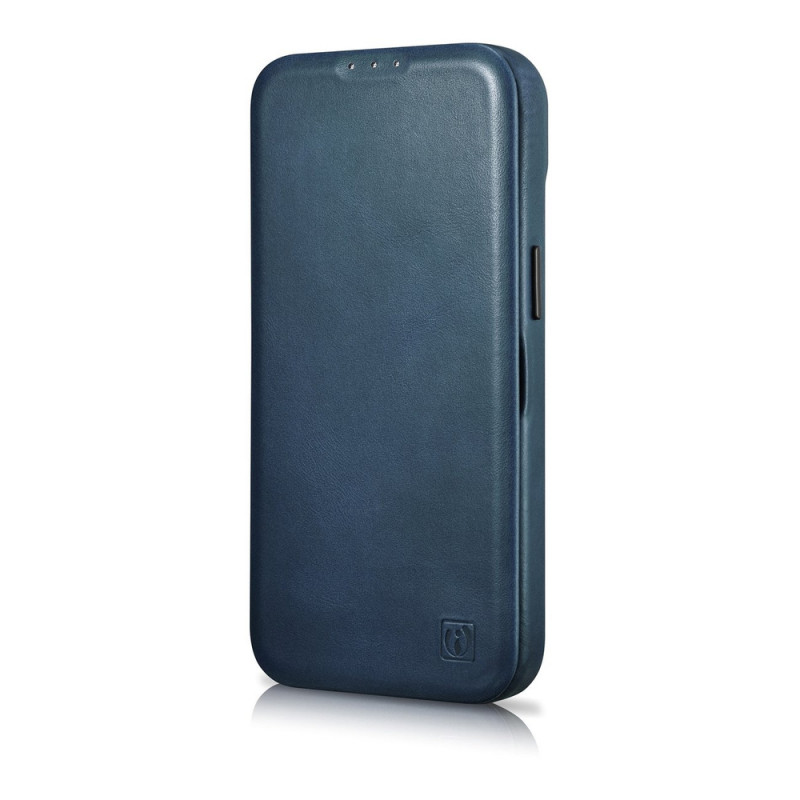 iCarer CE Oil Wax Premium Leather Folio Case skórzane etui z magnetyczną klapką do iPhone 14 Plus, MagSafe, niebieskie (AKI14220707-BU)