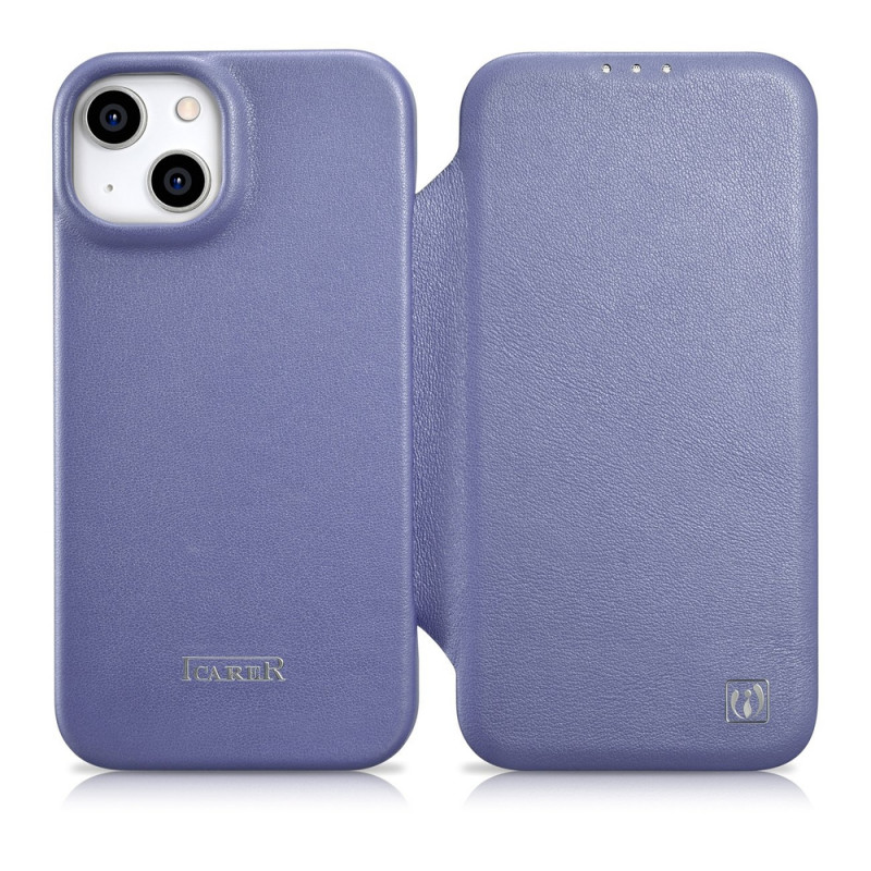 iCarer CE Premium Leather Folio Case skórzane etui do Apple iPhone 14 Plus / 15 Plus, MagSafe, jasnofioletowe (ICR413)