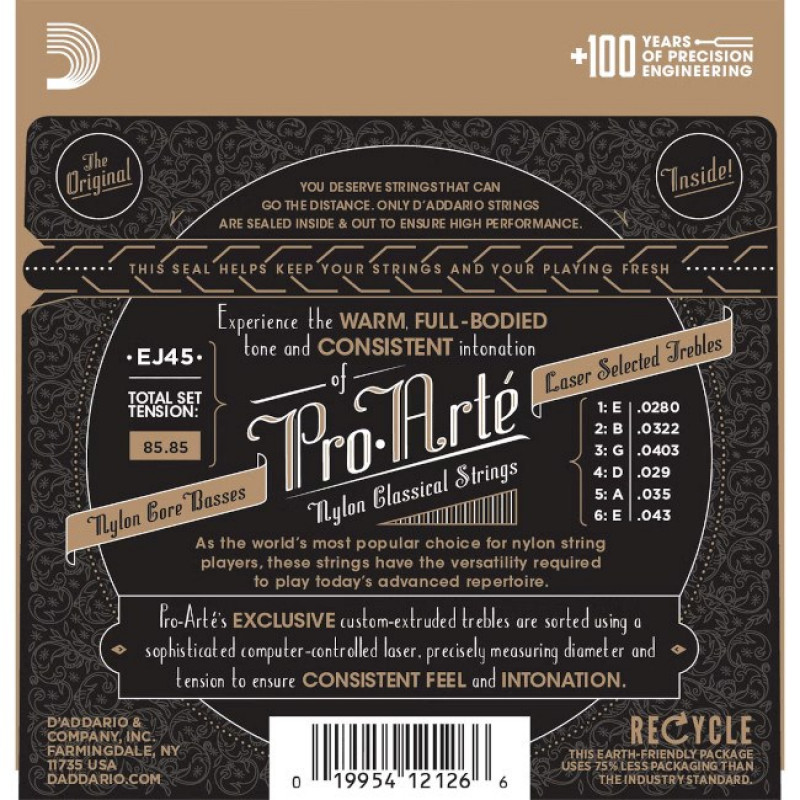 Daddario D'Addario EJ45 Pro-Arté nylonowe struny do gitary klasycznej, normalne napięcie, 28-43