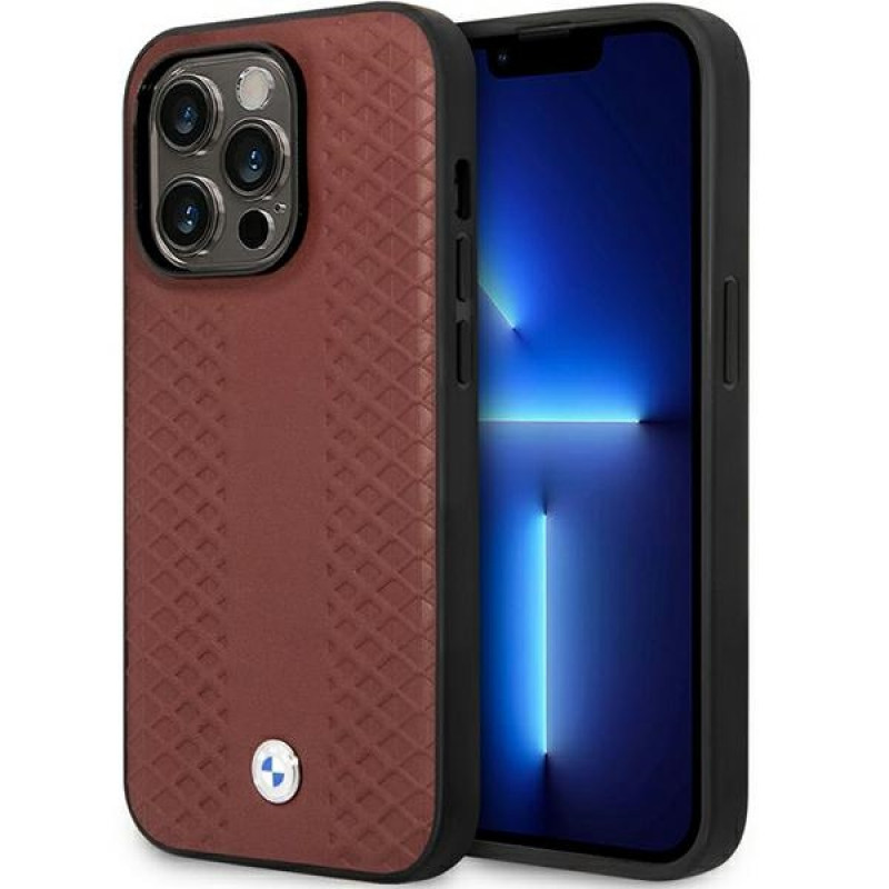 BMW BMHCP14X22RFGR Leather Diamond Pattern twarde etui do iPhone 14 Pro Max 6,7", bordowe