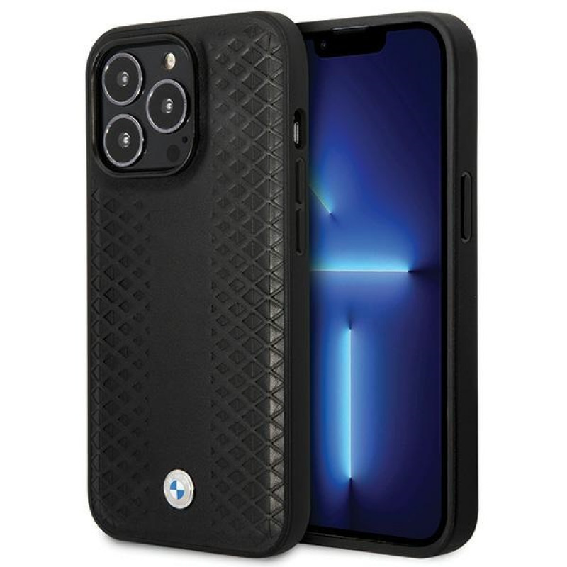 BMW BMHCP14L22RFGK Leather Diamond Pattern twarde etui do iPhone 14 Pro 6,1", czarne