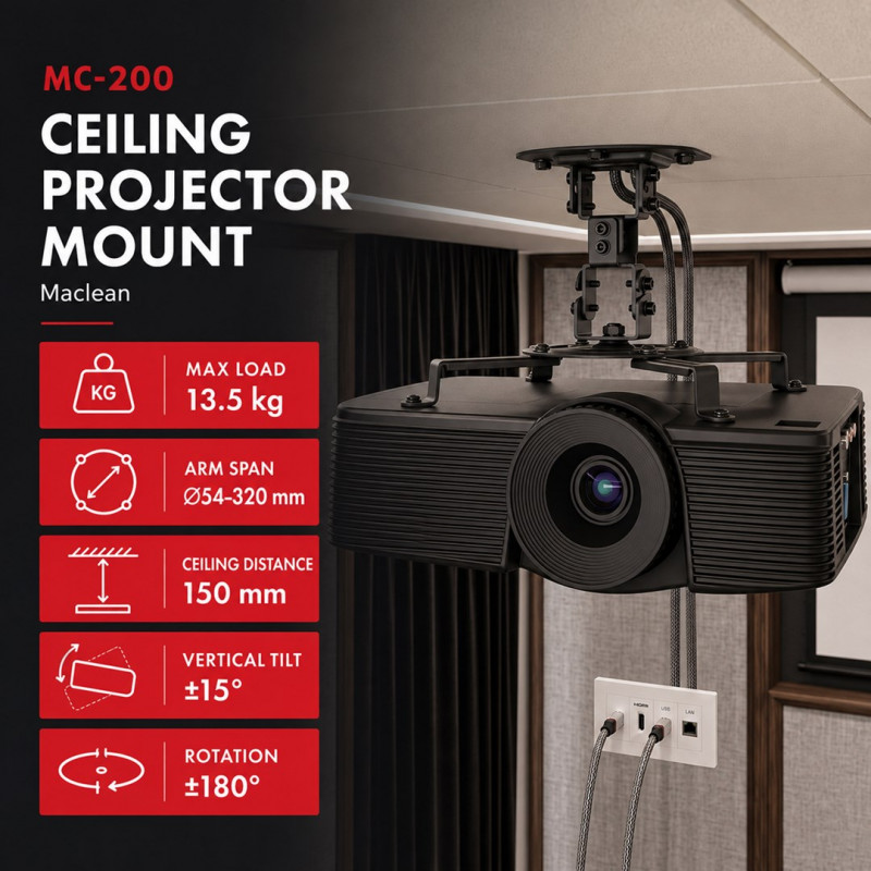 Maclean MC-200 B uchwyt sufitowy do projektora, 54–320 mm, do 13,5 kg, czarny