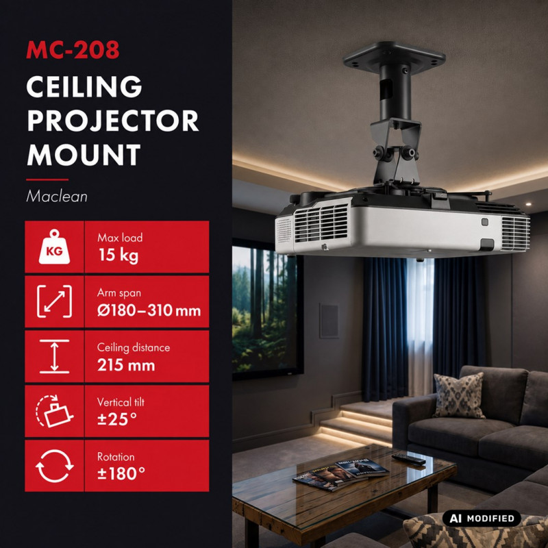 Maclean MC-208 B uchwyt sufitowy do projektorów, stalowy, 180–310 mm, do 15 kg, czarny