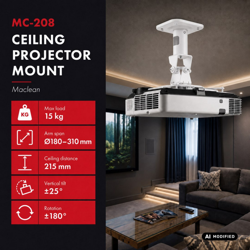 Maclean MC-208 W uchwyt sufitowy do projektorów, stalowy, 180–310 mm, do 15 kg, biały