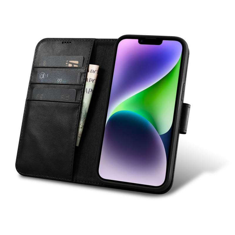 iCarer Oil Wax Wallet Case 2in1 etui skórzane z klapką do iPhone 14 Plus, Anti-RFID, czarne (WMI14220723-BK)