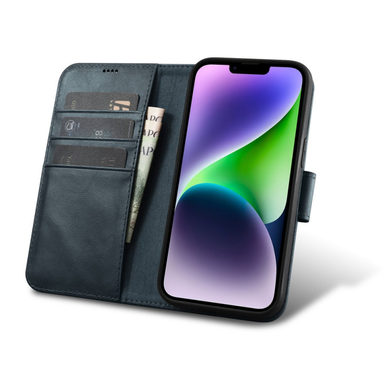 iCarer Oil Wax Wallet Case 2in1 etui skórzane z klapką do iPhone 14 Plus, Anti-RFID, niebieskie (WMI14220723-BU)