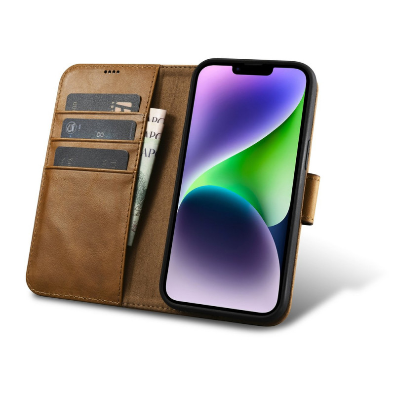 iCarer Oil Wax Wallet Case 2in1 etui skórzane z klapką do iPhone 14 Plus, Anti-RFID, brązowe (WMI14220723-TN)
