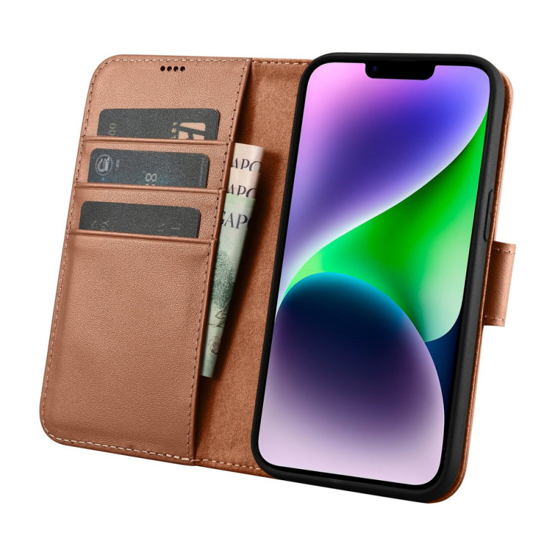 iCarer Wallet Case 2in1 etui skórzane z klapką do iPhone 14 Plus, Anti-RFID, brązowe (WMI14220727-BN)