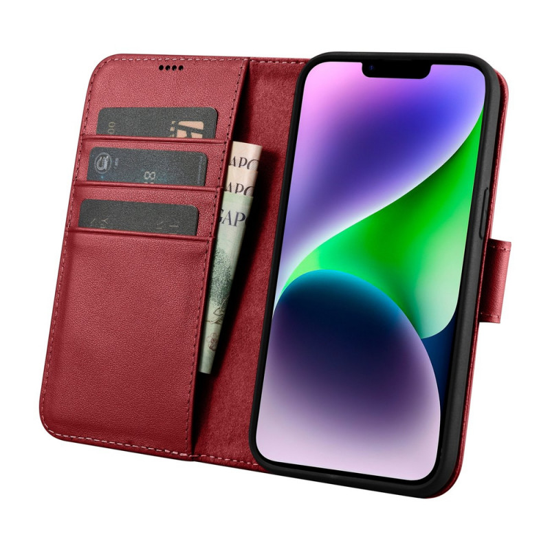 iCarer Wallet Case 2in1 etui skórzane z klapką do iPhone 14 Plus, Anti-RFID, czerwone (WMI14220727-RD)