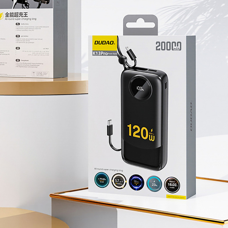 Powerbank Dudao K13 10000 mAh z wbudowanym kablem, czarny