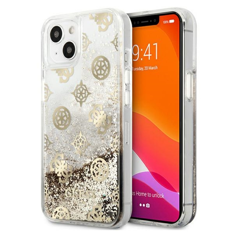 Guess GUHCP13SLGPEGO Apple iPhone 13 mini etui twarde Peony Liquid Glitter, złoty