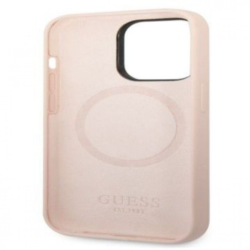 Etui Guess Silicone Metal Logo MagSafe Compatible dla Apple iPhone 14 Pro, różowe