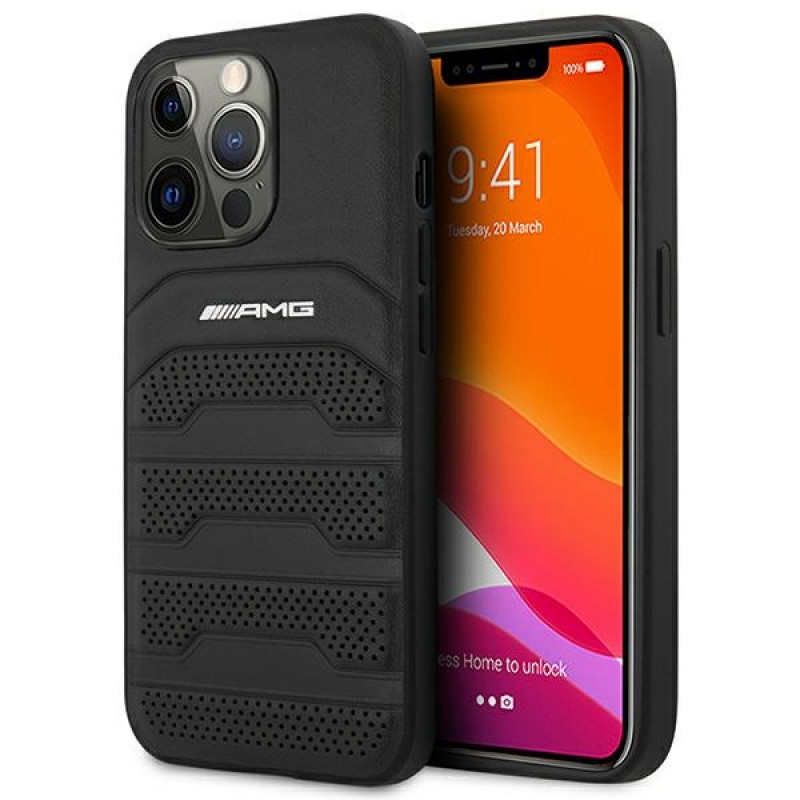 Mercedes-AMG AMHCP14LGSEBK Apple iPhone 14 Pro etui twarde, Leather Debossed Lines, czarny