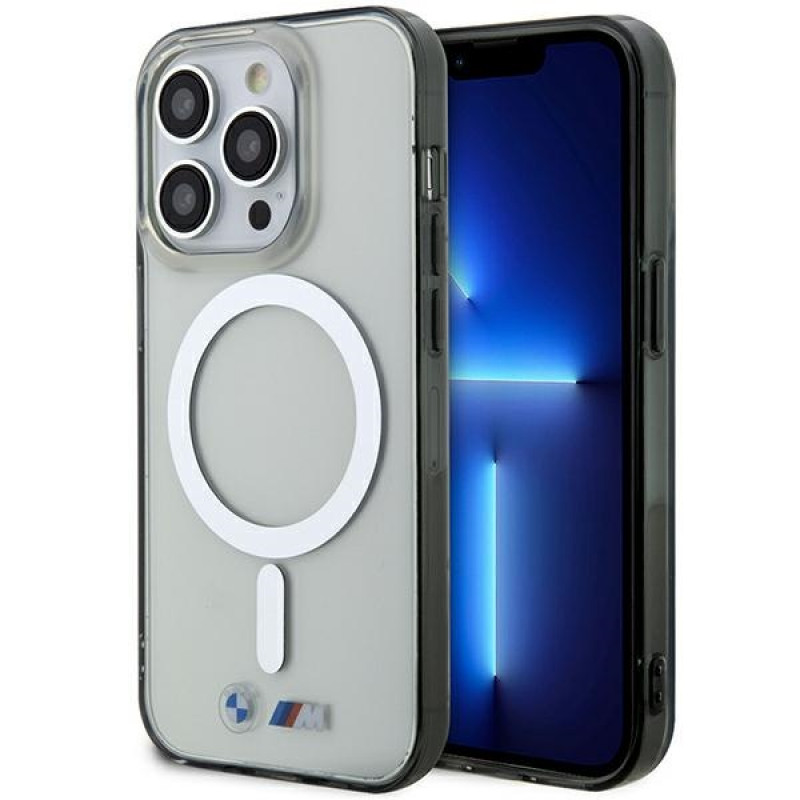 BMW BMHMP14LHCRS Silver Ring MagSafe etui twarde dla Apple iPhone 14 Pro, przezroczyste