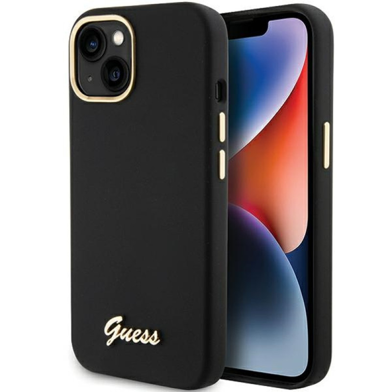 Guess GUHCP15SSMBSLK Silicone Script Metal Logo & Frame Hardcase do Apple iPhone 15 / 14 / 13, czarny