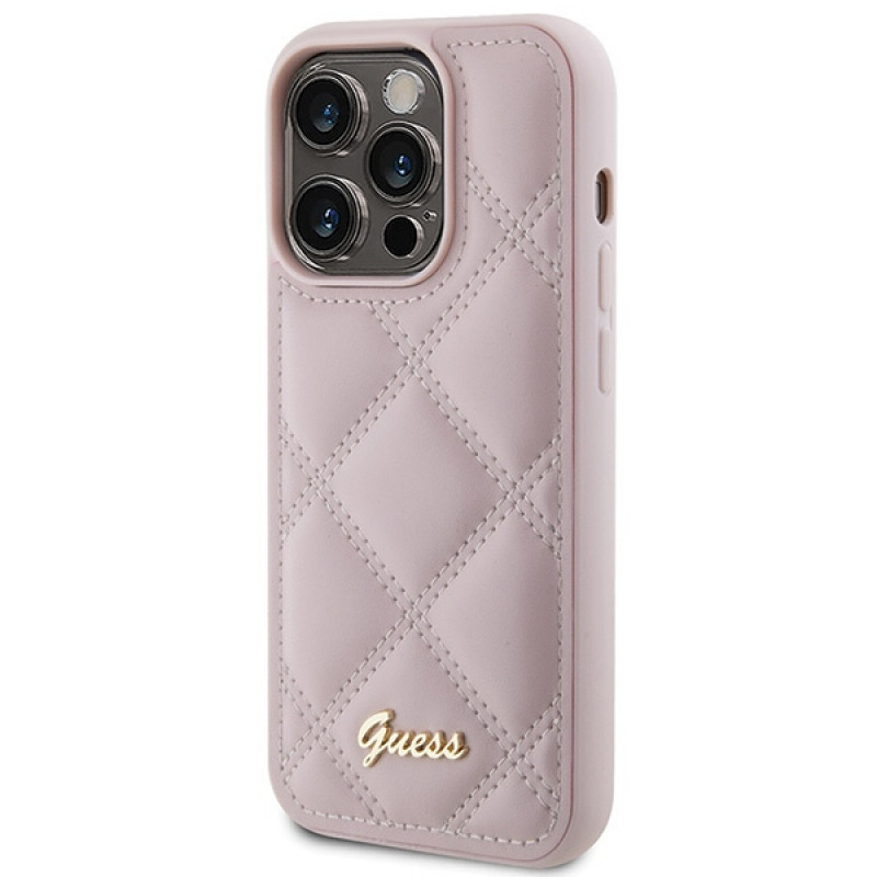 Guess GUHCP15LPSQSQSP Quilted Metal Logo Hardcase do Apple iPhone 15 Pro, różowy