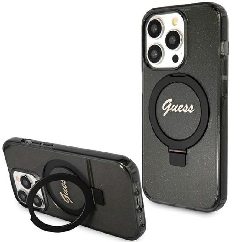 Guess GUHMP15LHRSGSK Ring Stand Script Glitter MagSafe etui twarde na Apple iPhone 15 Pro, czarny
