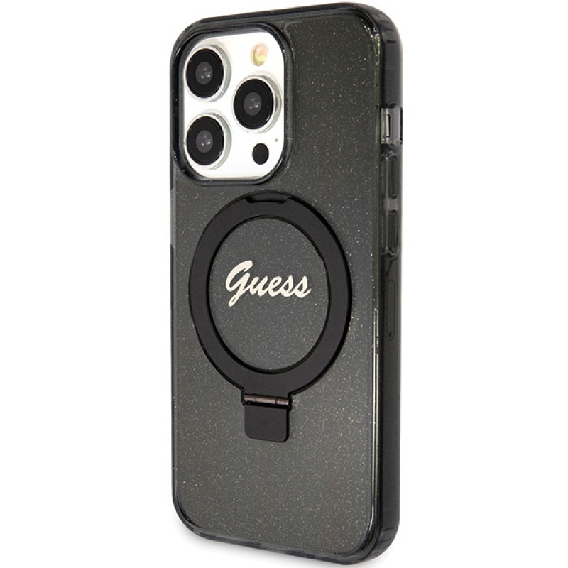 Guess GUHMP15LHRSGSK Ring Stand Script Glitter MagSafe etui twarde na Apple iPhone 15 Pro, czarny