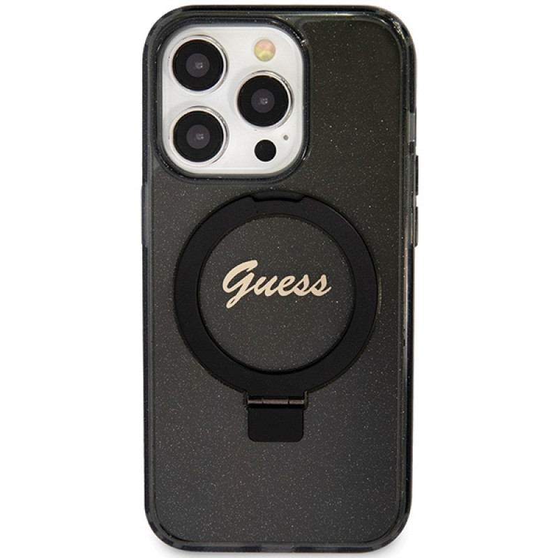 Guess GUHMP15XHRSGSK Ring Stand Script Glitter MagSafe etui twarde na Apple iPhone 15 Pro Max, czarny