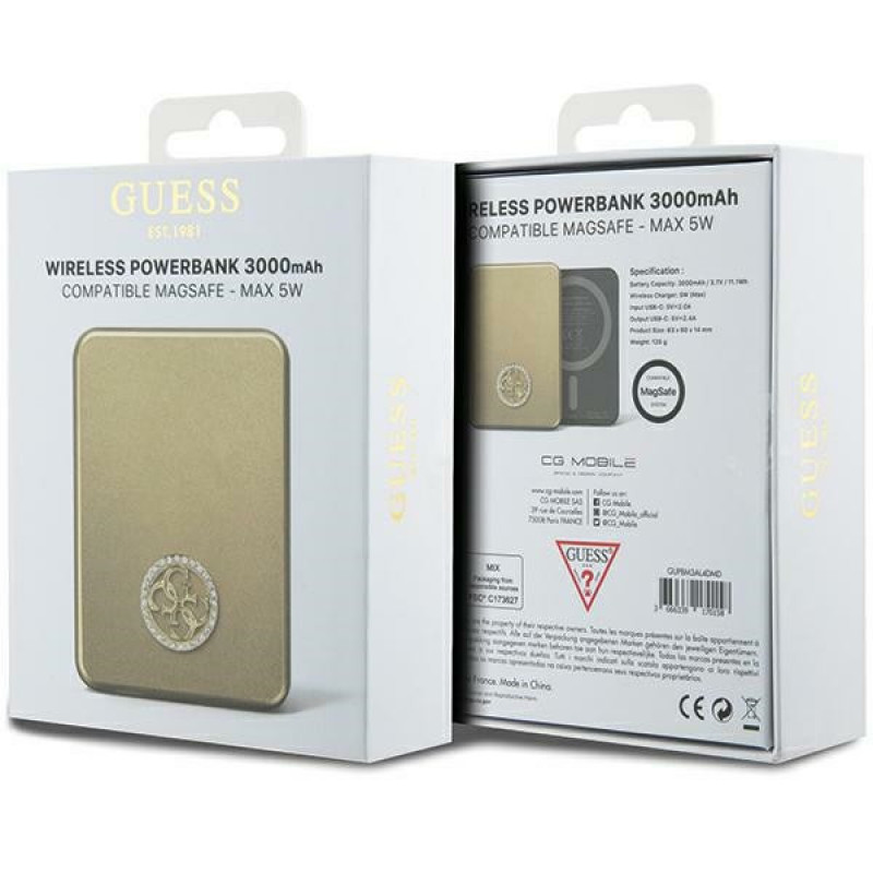 Powerbank Guess GUPBM3AL4DMD 3000 mAh, 5 W, MagSafe 4G Strassed Metal Logo, złoty