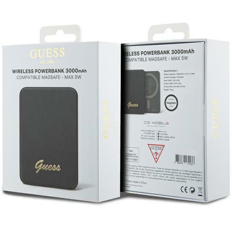 Guess GUPBM3ALGSGK Powerbank 3000 mAh, 5 W, MagSafe Metal Script Logo, czarny
