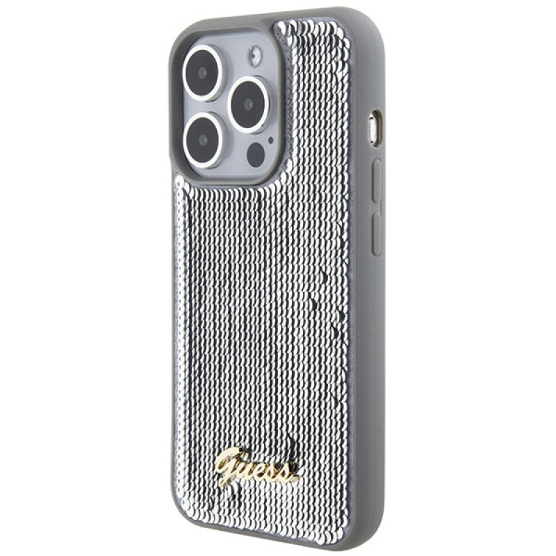 Guess GUHCP15LPSFDGSS Sequin Script Metal etui obudowa twarda na Apple iPhone 15 Pro, srebrne