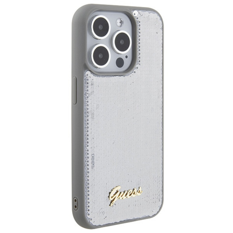 Guess GUHCP15LPSFDGSS Sequin Script Metal etui obudowa twarda na Apple iPhone 15 Pro, srebrne