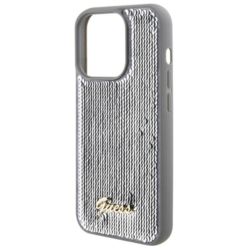 Guess GUHCP15LPSFDGSS Sequin Script Metal etui obudowa twarda na Apple iPhone 15 Pro, srebrne