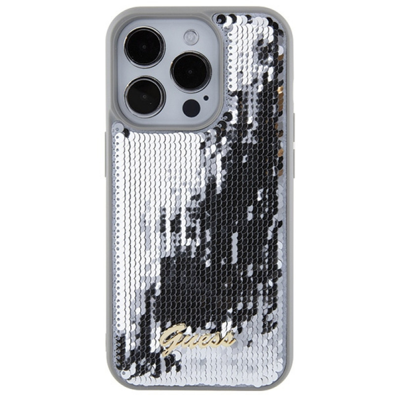 Guess GUHCP15XPSFDGSS Sequin Script Metal twarde etui na Apple iPhone 15 Pro Max, srebrne