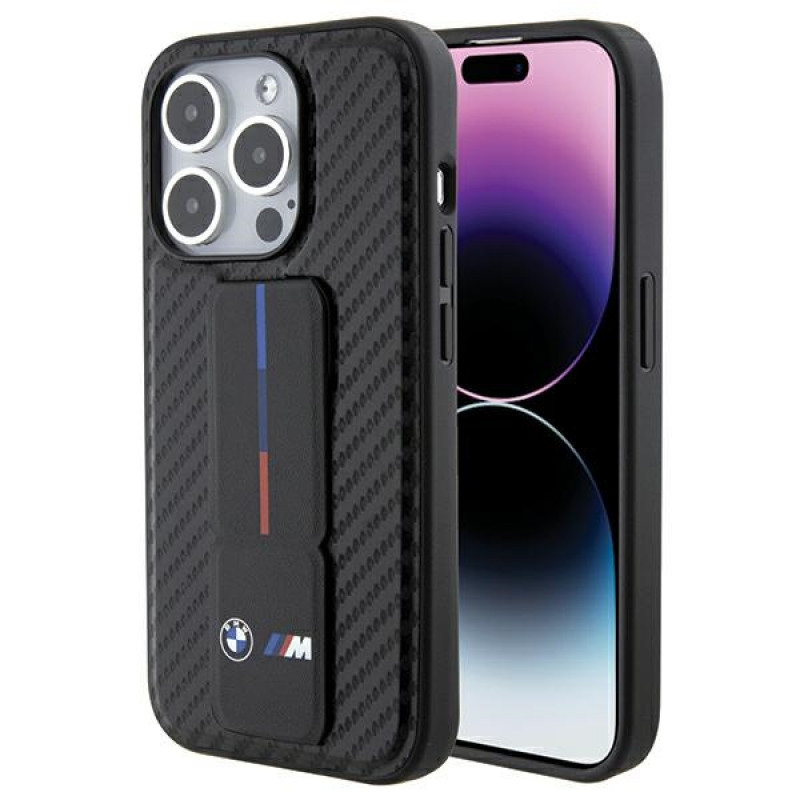 BMW BMHCP15LGSPCCK Apple iPhone 15 Pro etui twarde Grip Stand Smooth & Carbon, czarny