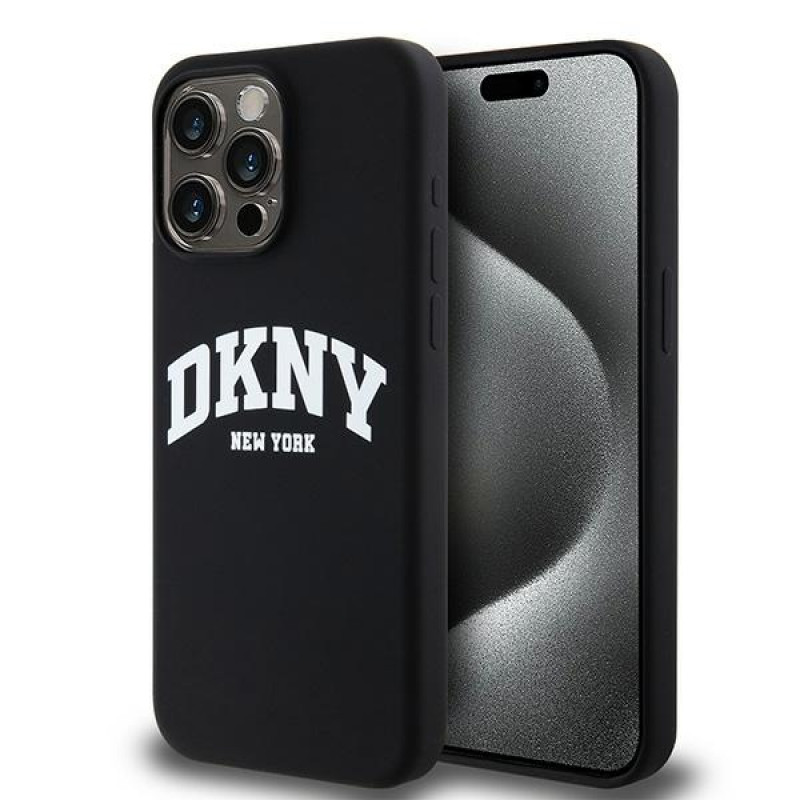 DKNY Apple iPhone 15 Pro Max etui twarde Liquid Silicone White Printed Logo MagSafe, czarny