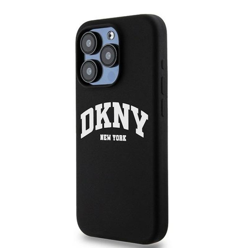 DKNY Apple iPhone 14 Pro etui twarde Liquid Silicone White Printed Logo MagSafe, czarny
