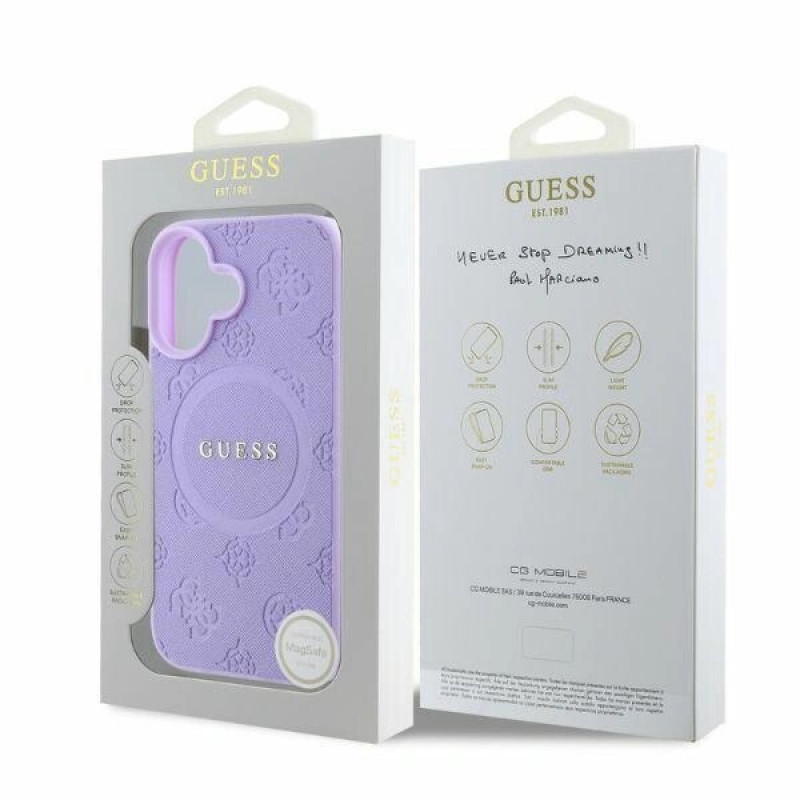 Etui MagSafe Guess Saffiano Peony Stamp dla Apple iPhone 16, fioletowe